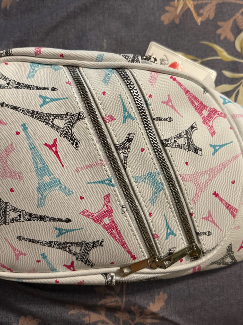 White Eiffel Tower Print Crossbody Bag with Pink, Blue & Black Accents
